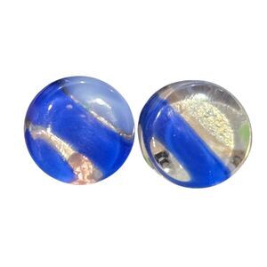 Vtg Murano Italy Round Glass Post Earrings Silver Blue Foil Artisan Jewelry